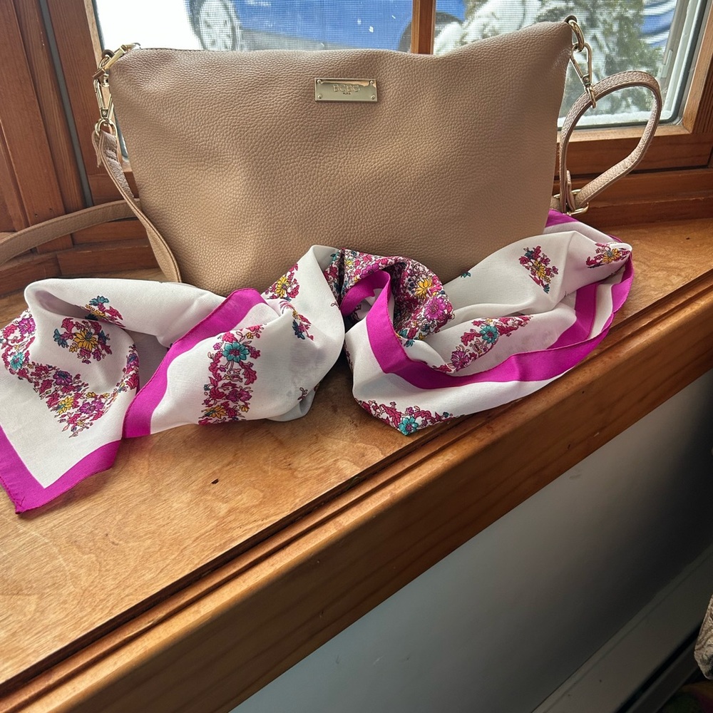 BCBG Paris Tan Crossbody Shoulder Bag + Floral Italian Scarf Bundle